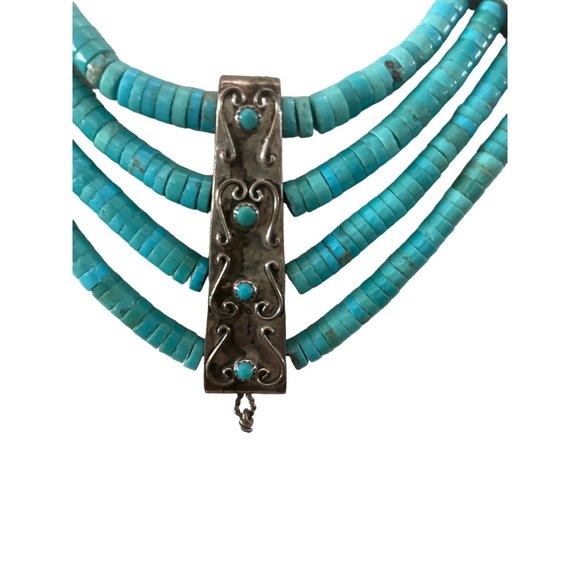 Arizona turquoise & silver navajo 4 string necklace - Picture 3 of 9